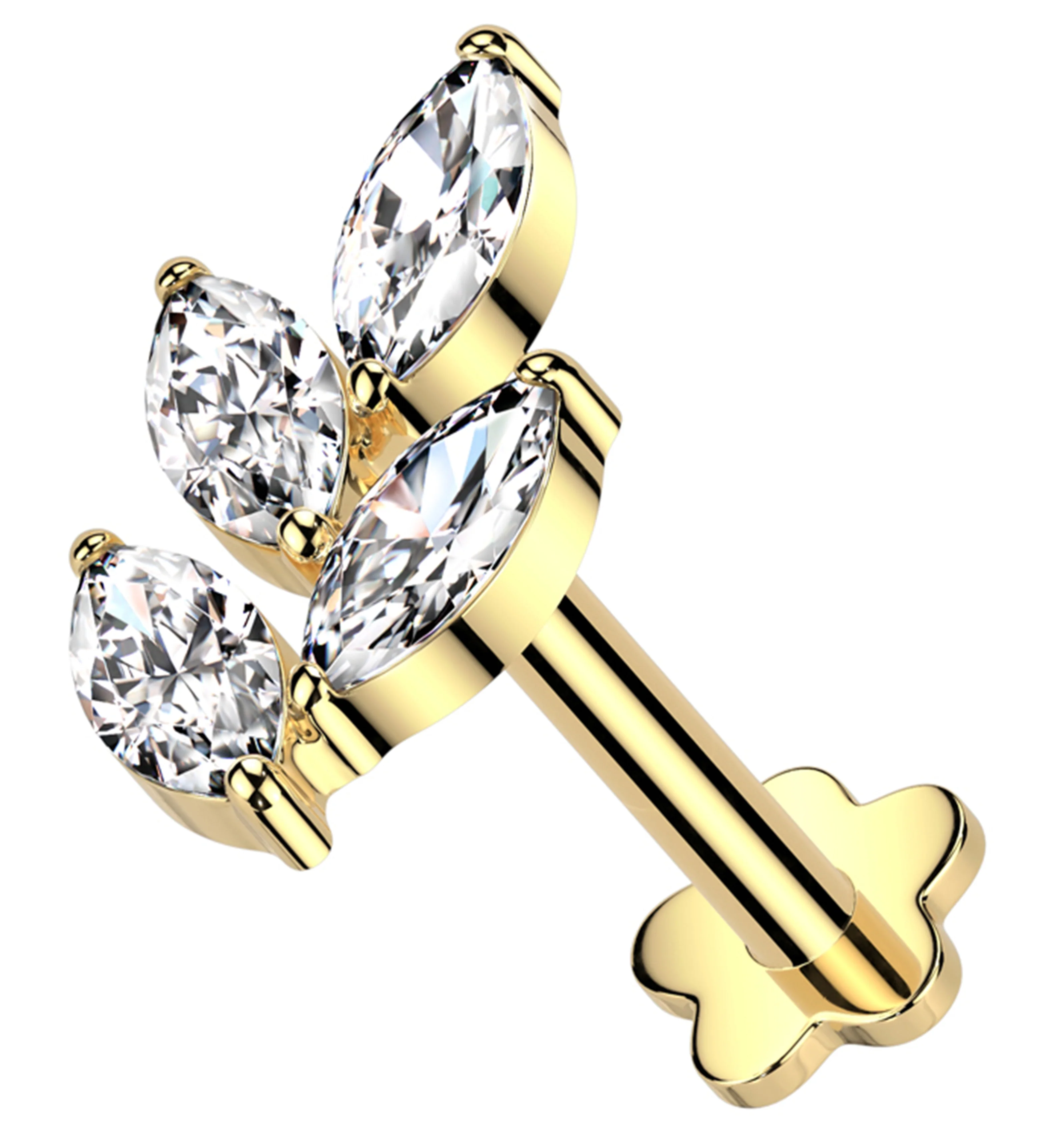 Gold PVD Vine Clear CZ Titanium Threadless Flower Back Labret