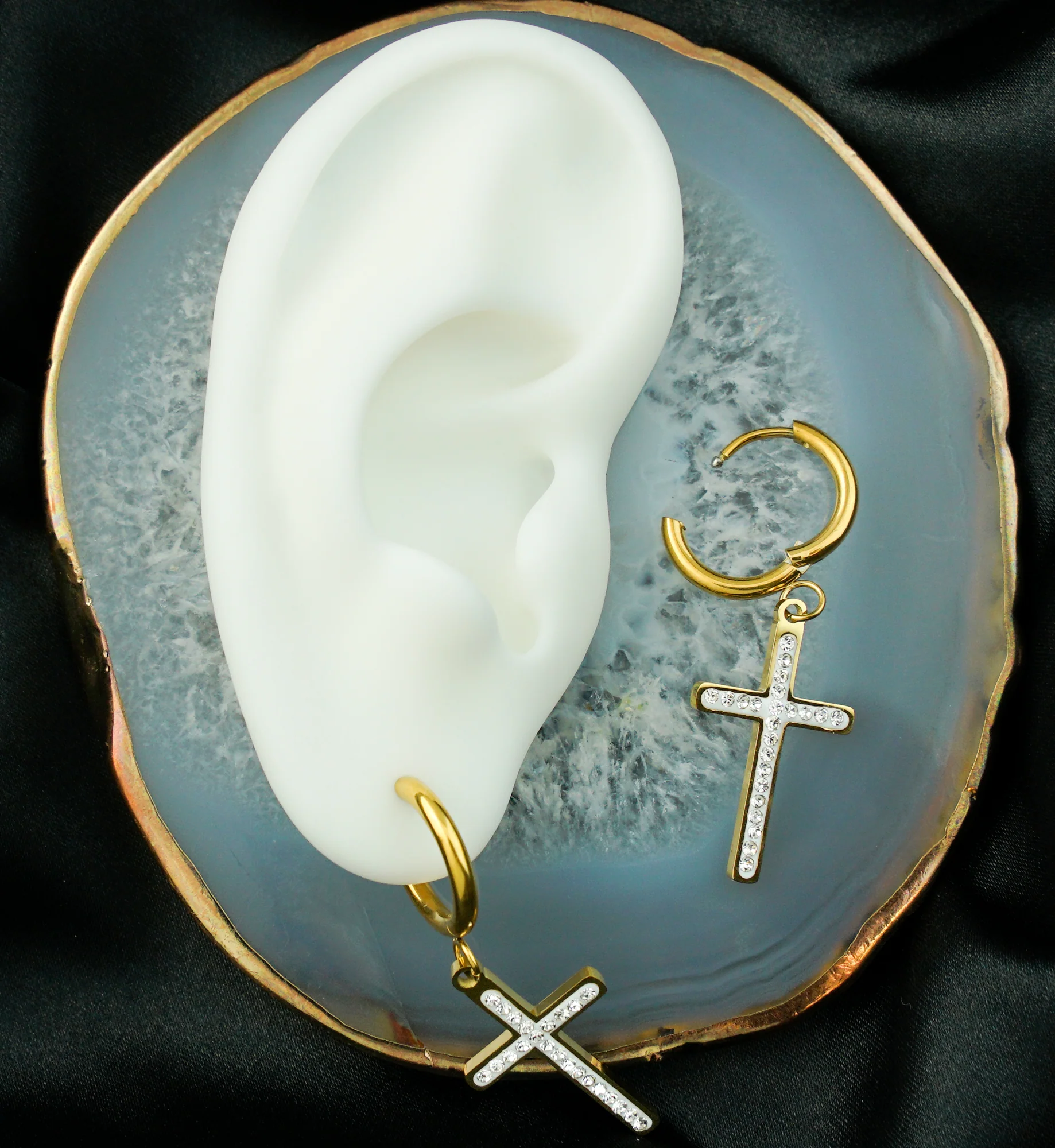 Gold PVD White Cross Clear CZ Stainless Steel Hoop Earrings - Image 2