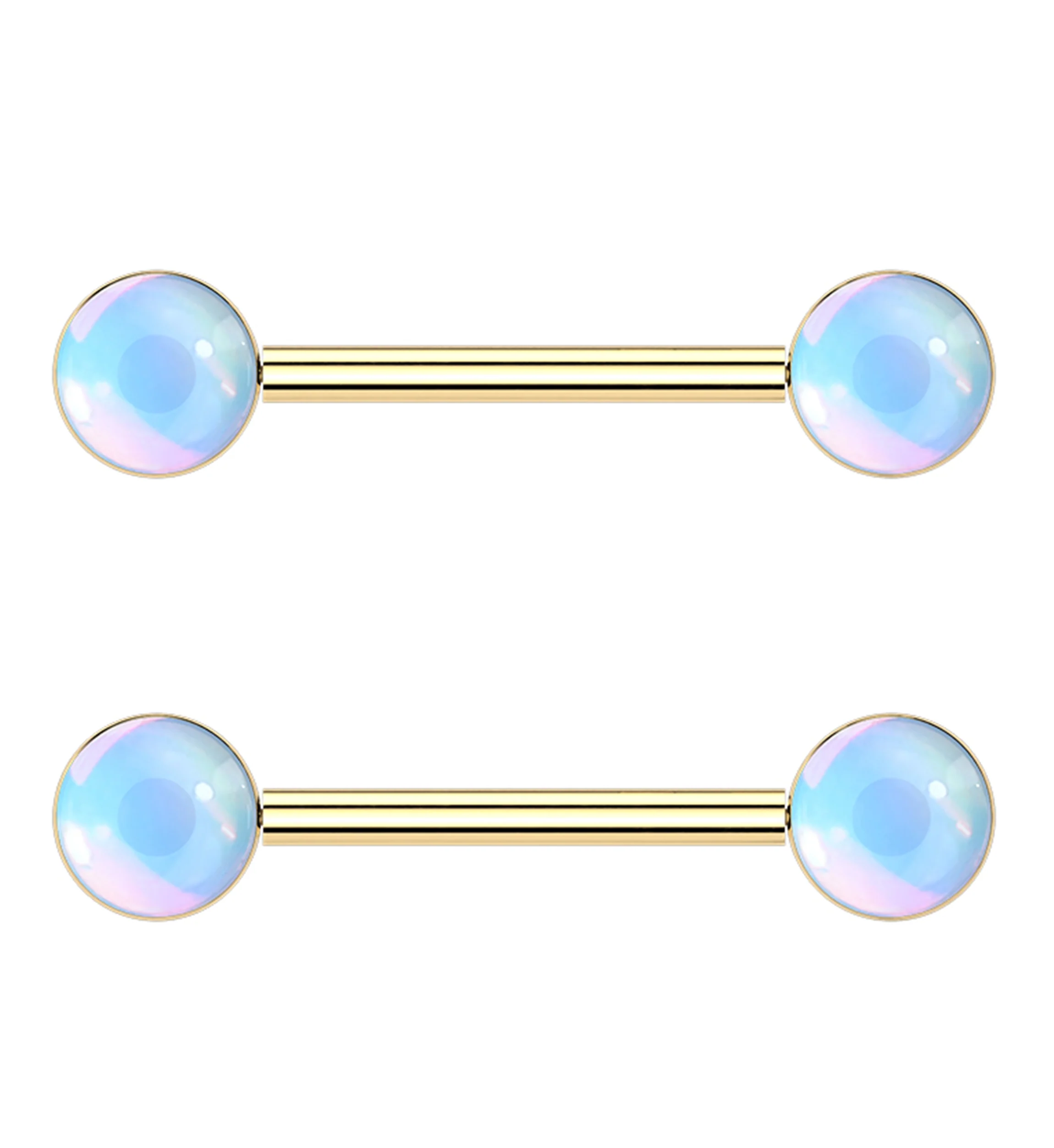 Gold PVD White Iridescent Gem Stainless Steel Nipple Ring Barbell