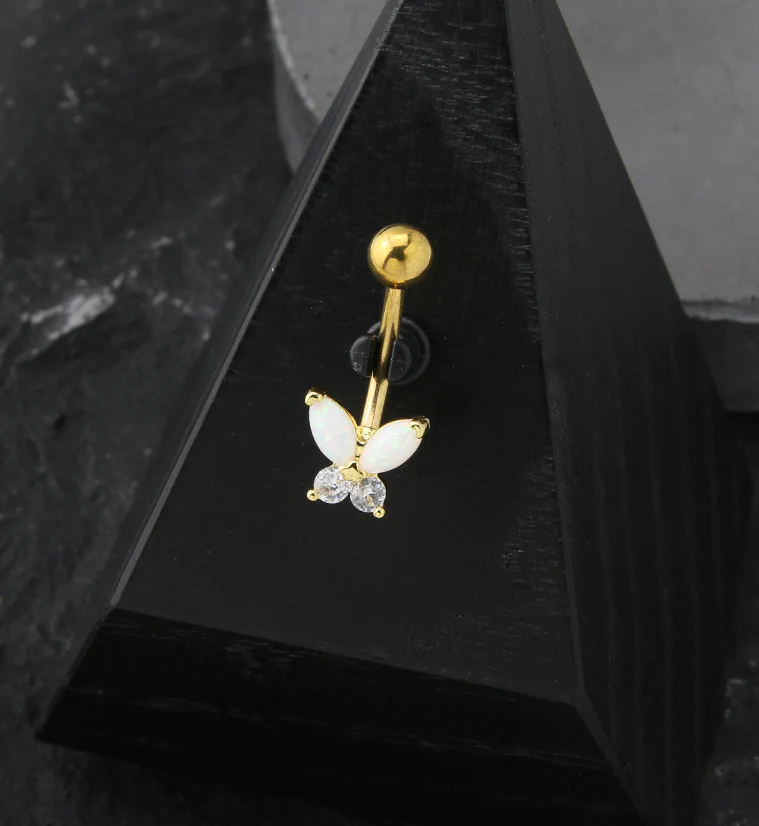 Gold PVD White Opalite Butterfly CZ Stainless Steel Belly Button Ring - Image 2