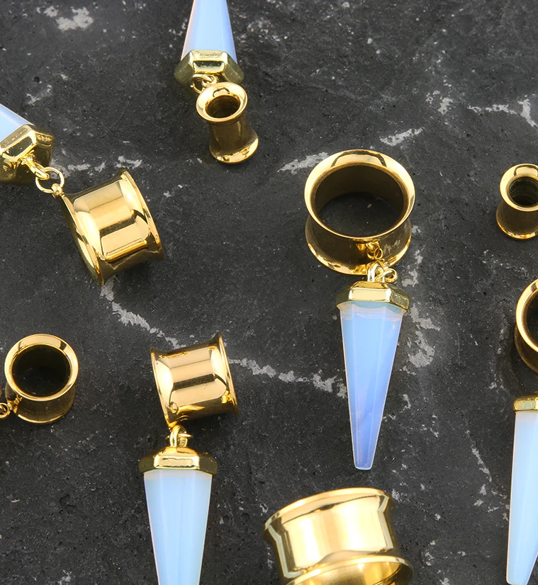 Gold PVD White Opalite Cone Crystal Dangle Stainless Steel Tunnel Plugs - Image 2