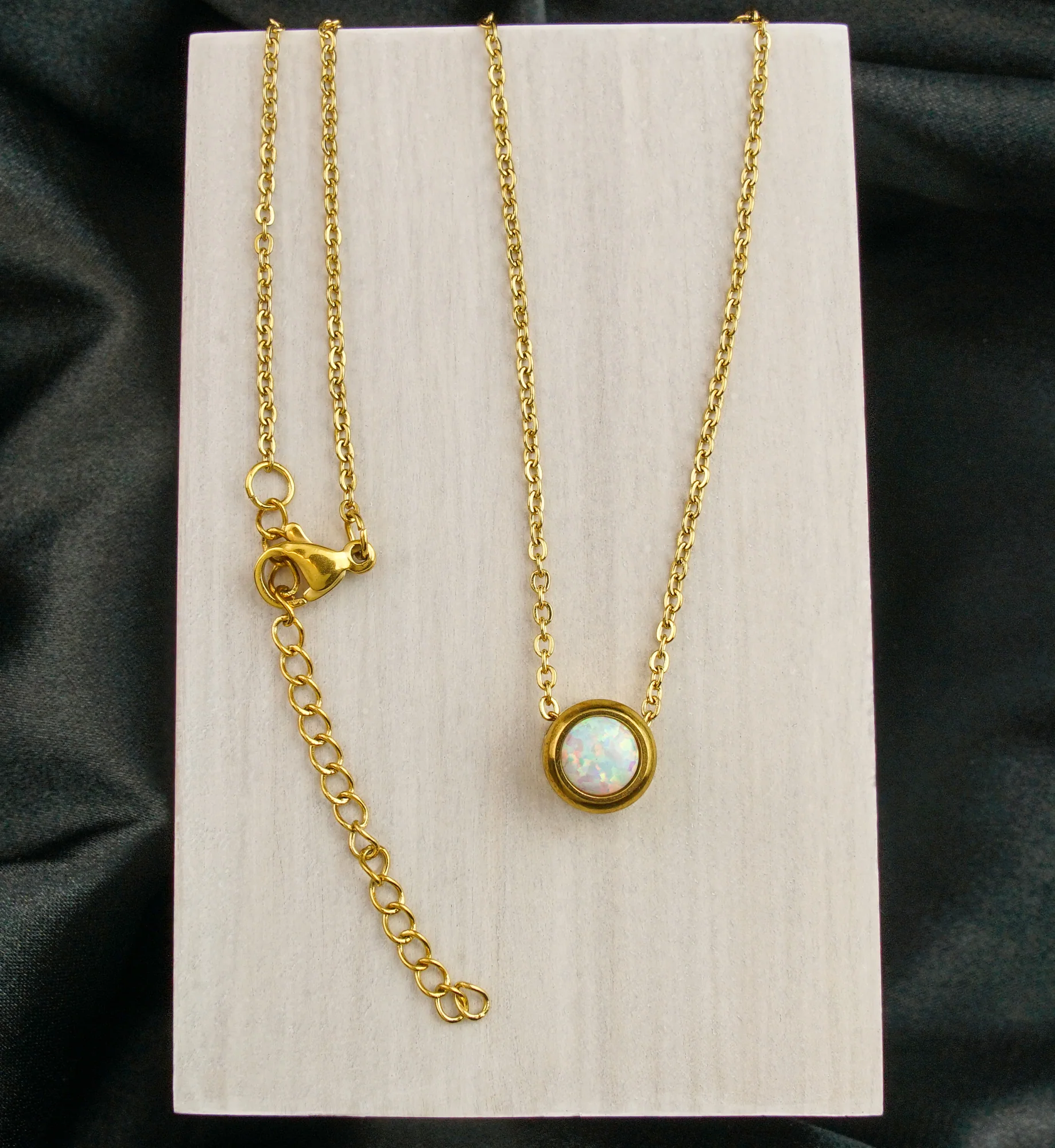 Gold PVD White Opalite Pendant Stainless Steel Necklace - Image 2