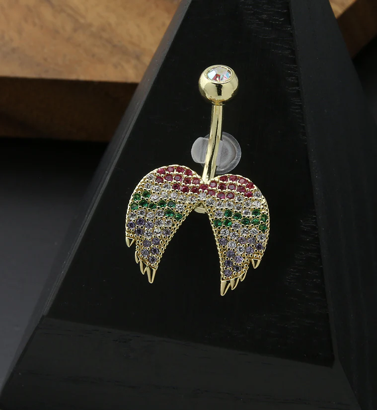 Gold PVD Wings Rainbow CZ Stainless Steel Belly Button Ring - Image 2
