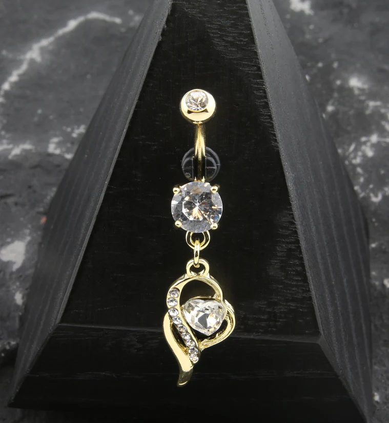 Gold PVD Wisp Clear Heart CZ Dangle Belly Button Ring - Image 2
