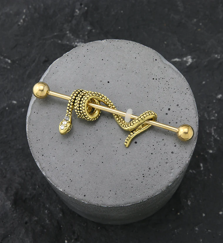 Gold PVD Wrapped Snake CZ Stainless Steel Industrial Barbell - Image 2