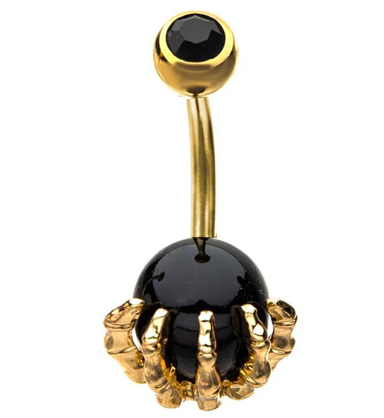 Gold PVD Skeletal Palm Black Onyx Belly Button Ring