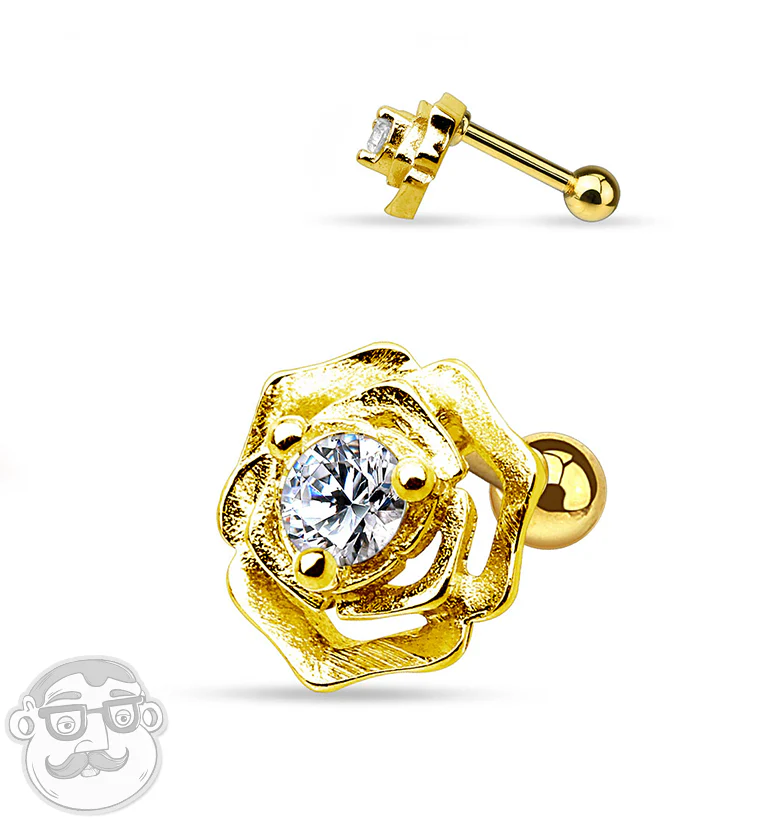Golden Rosebud CZ Steel Tragus - Cartilage Barbell
