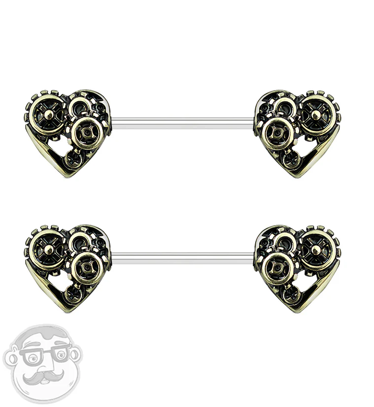 Golden Steampunk Heart Nipple Ring Barbell