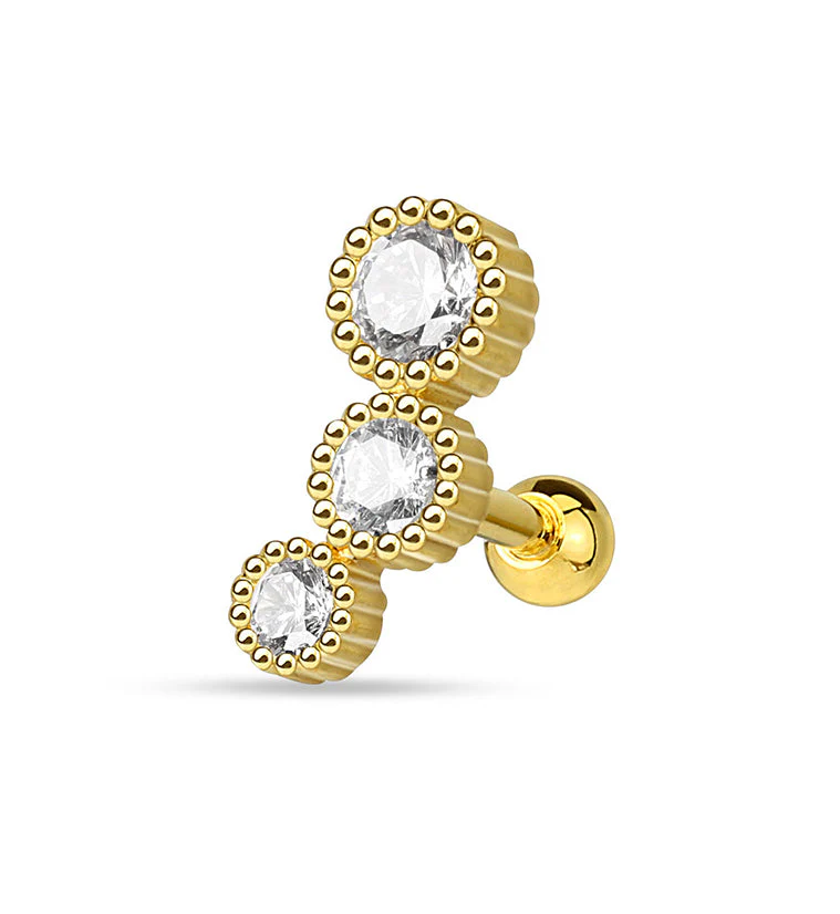 Golden Triple Annular CZ Steel Tragus - Cartilage Barbell