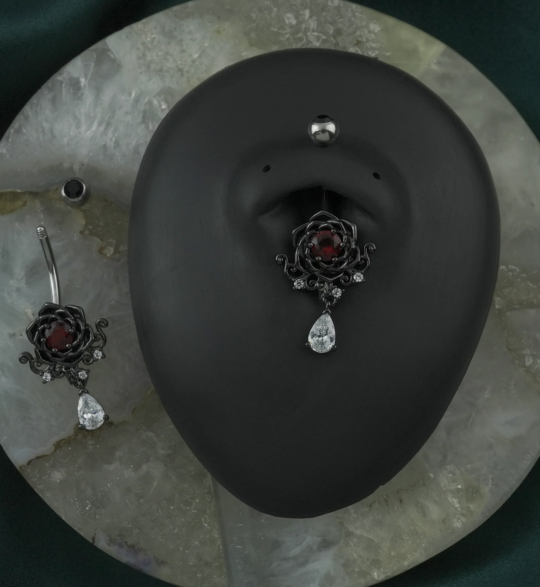 Gothic Rose Dangle Teardrop CZ Stainless Steel Belly Button Ring
