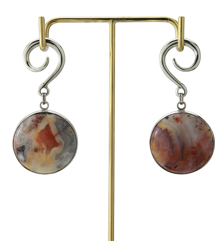 Grand Crazy Lace Agate Stone Silver Brass Hanging Ear Weights - Image 3