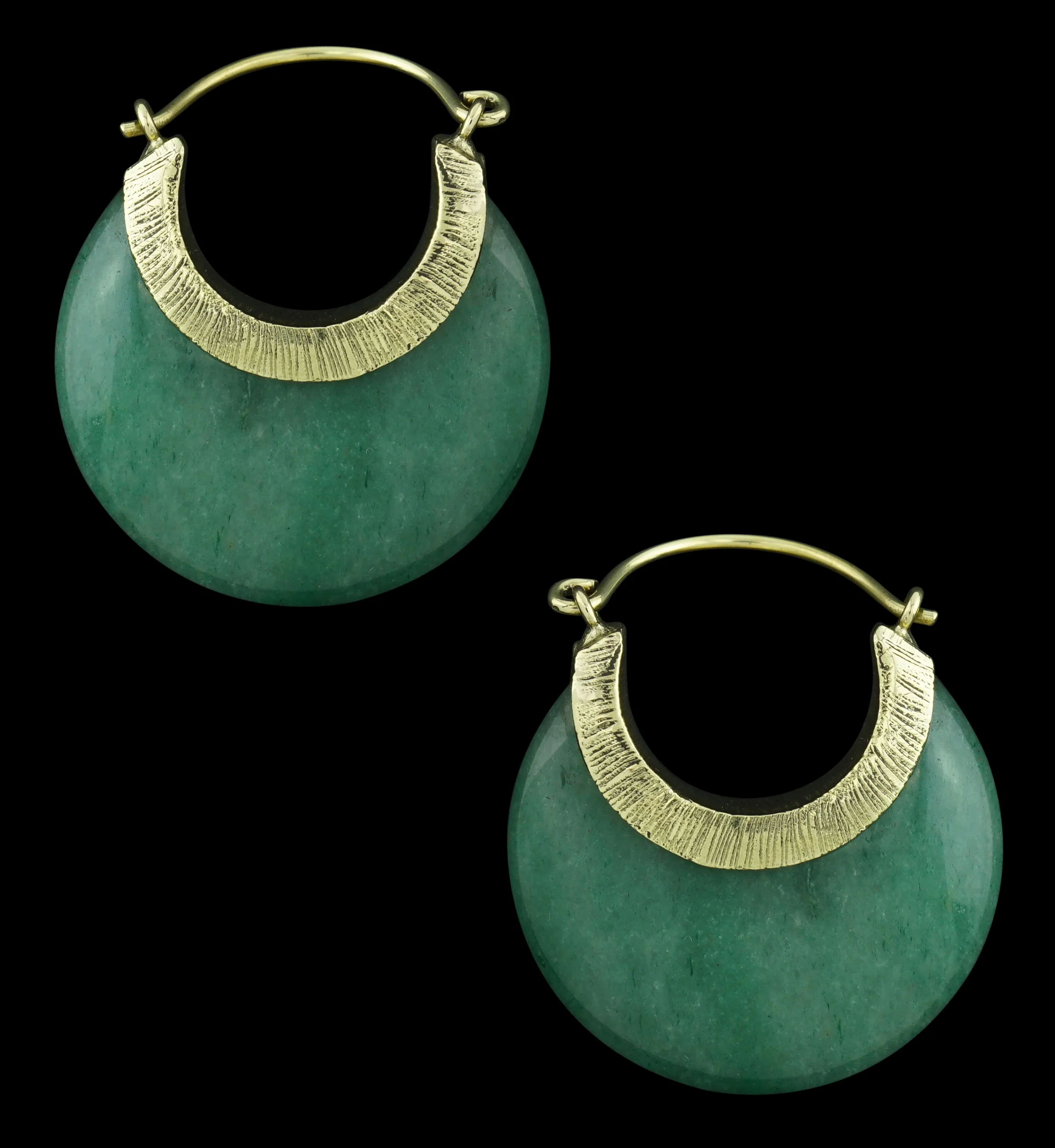 Green Aventurine Textured Brass Stone Earrings - Image 2