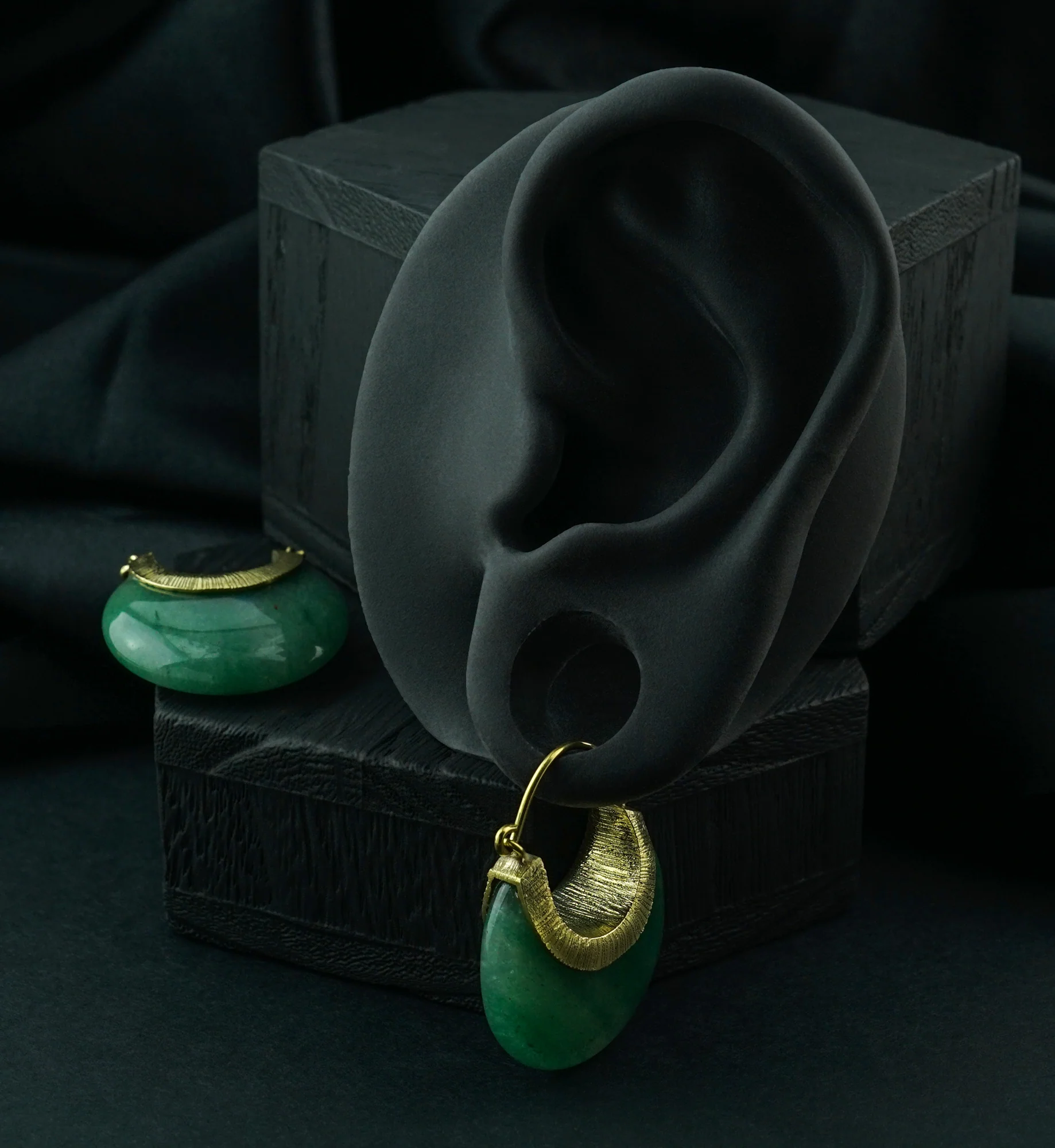 Green Aventurine Textured Brass Stone Earrings - Image 3