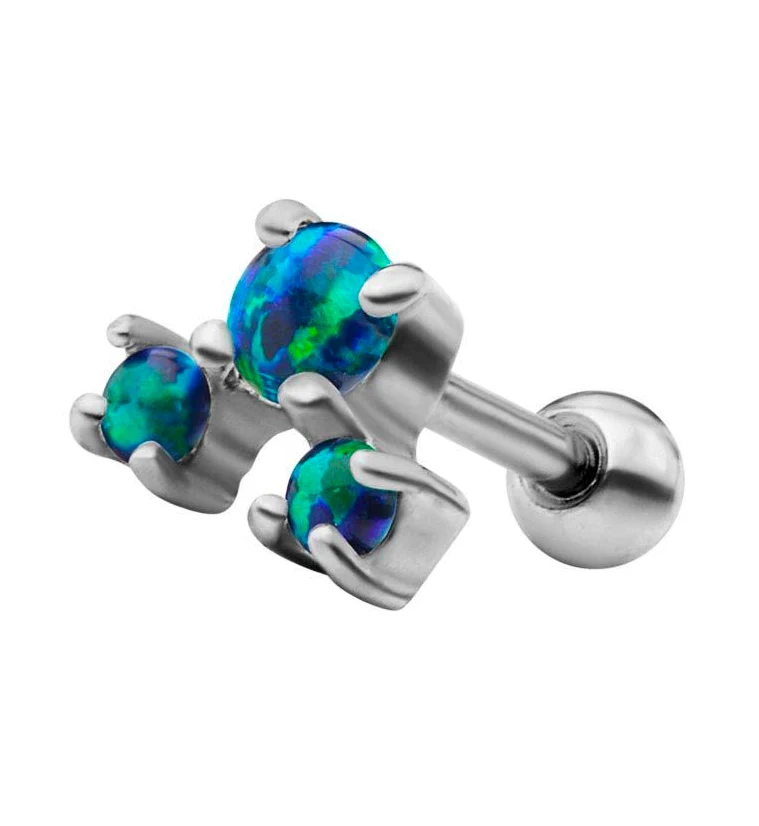 Green - Black Prong Set Triple Opalite Cartilage Barbell