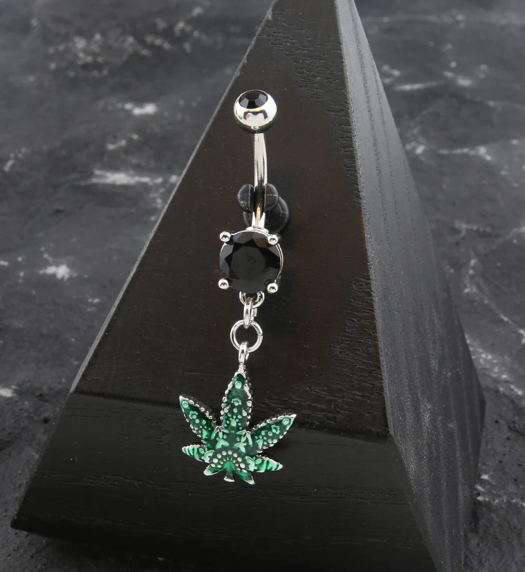 Green Hemp Leaf Black CZ Belly Button Ring - Image 2