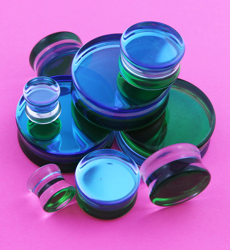 Green Iridescent Glass Double Flare Plugs - Image 2
