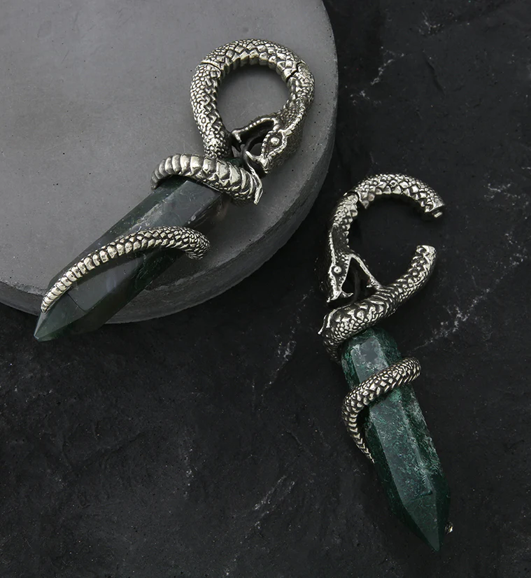 Green Moss Agate Cobra White Brass Hinged Ear Weights - Image 2