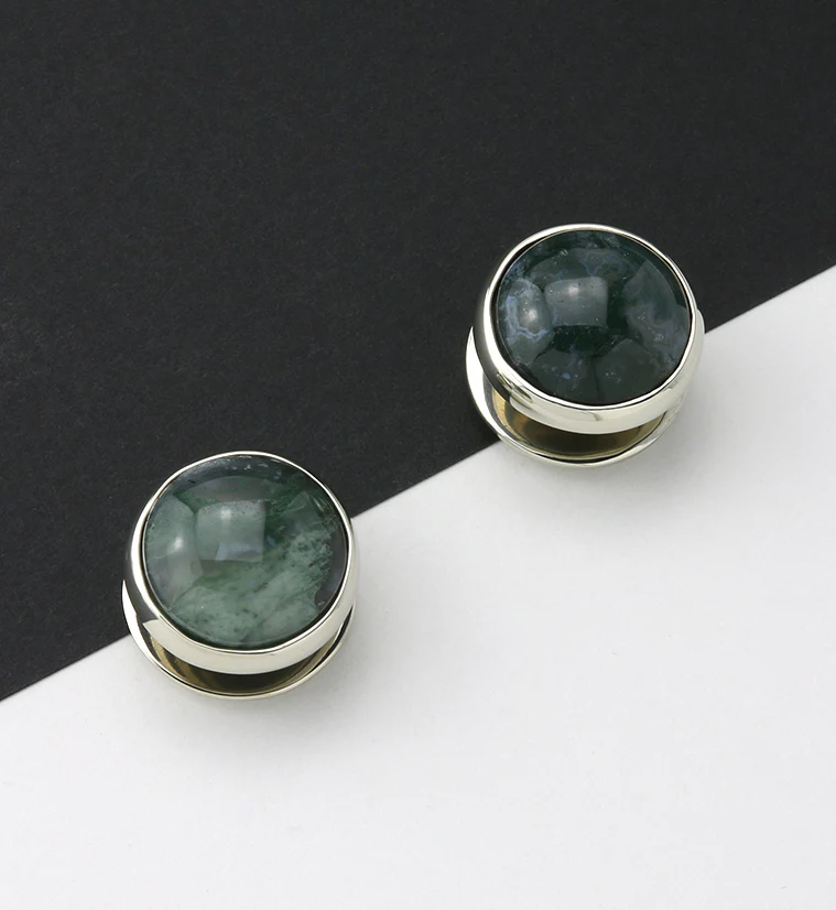 Green Moss Agate Stone Disk White Brass Ear Weights - Image 3
