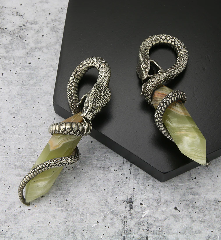 Green Onyx Stone Cobra White Brass Hinged Ear Weights - Image 2