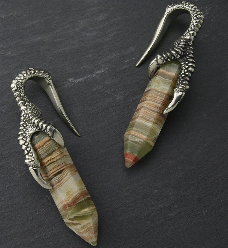 Green Onyx Stone Raven Claw White Brass Ear Weights - Image 2