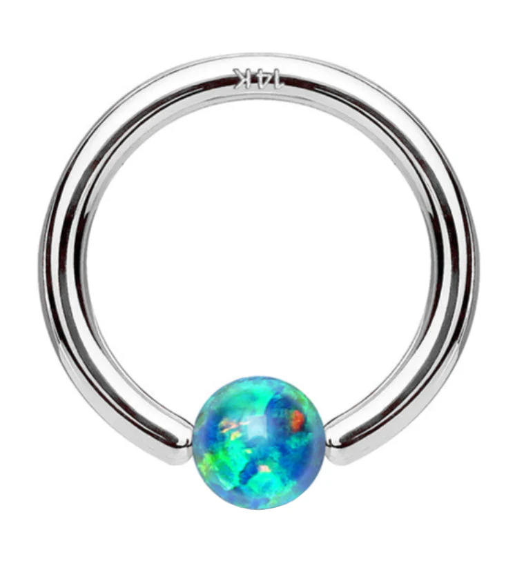 Green Opalite 14kt White Gold Annealed Fixed Captive Ring