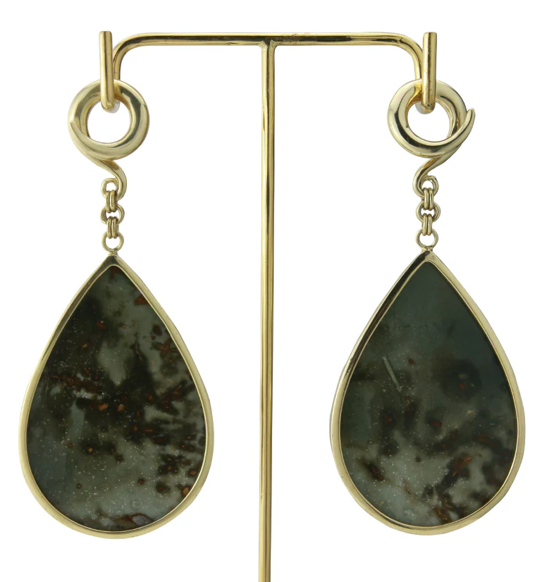 Green Polychrome Jasper Teardrop Brass Ear Weights - Image 3
