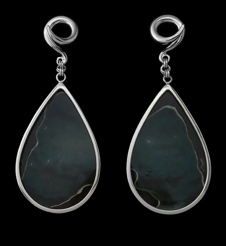 Green Polychrome Jasper Teardrop White Brass Ear Weights - Image 2