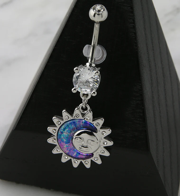 Groovy Sun and Moon CZ Dangle Belly Button Ring - Image 2