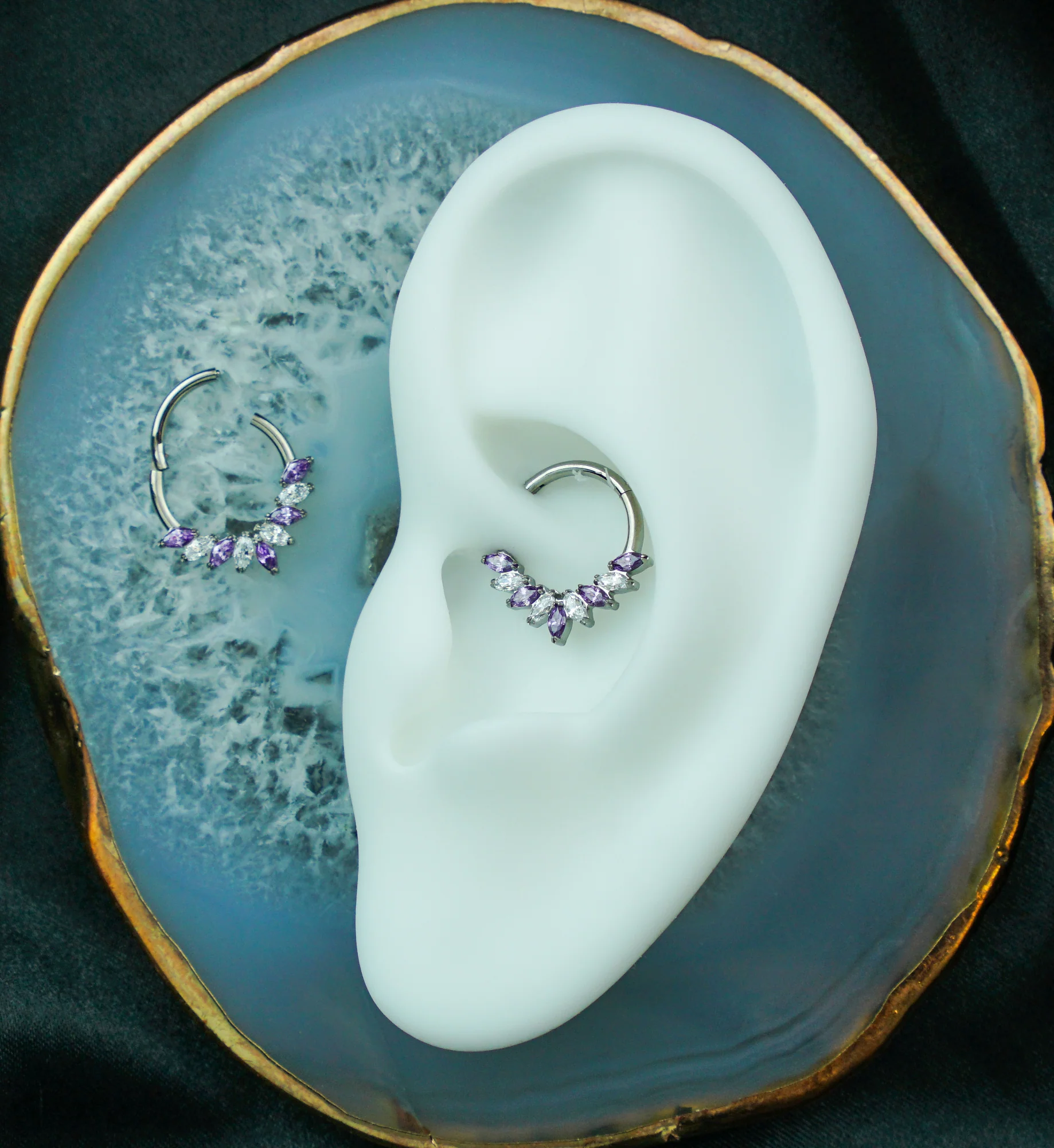 Half Crown Cluster Amethyst and Clear CZ Titanium Hinged Segment Ring - Image 2