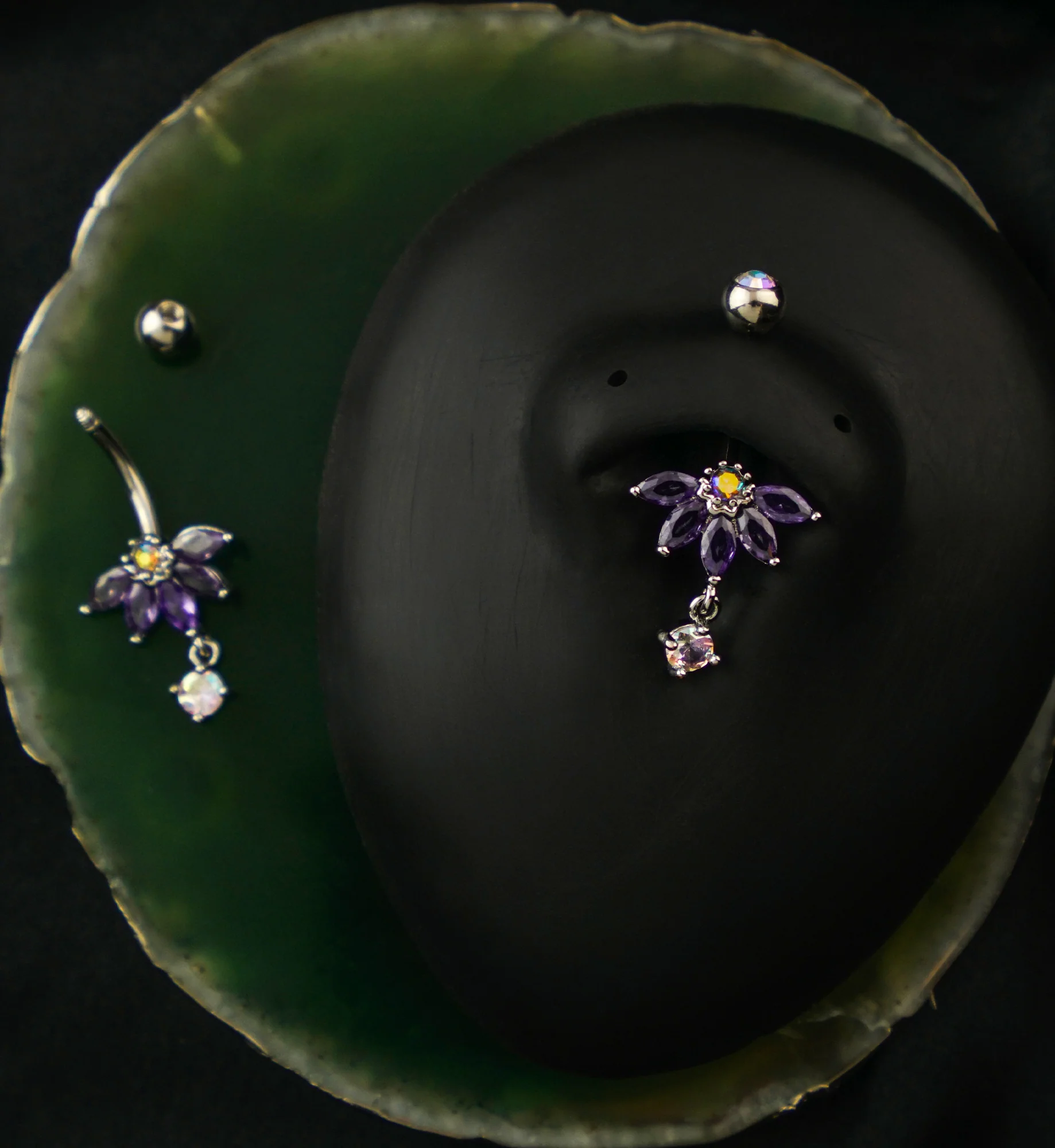 Half Flower Rainbow Aurora And Amethyst CZ Dangle Stainless Steel Belly Button Ring - Image 2