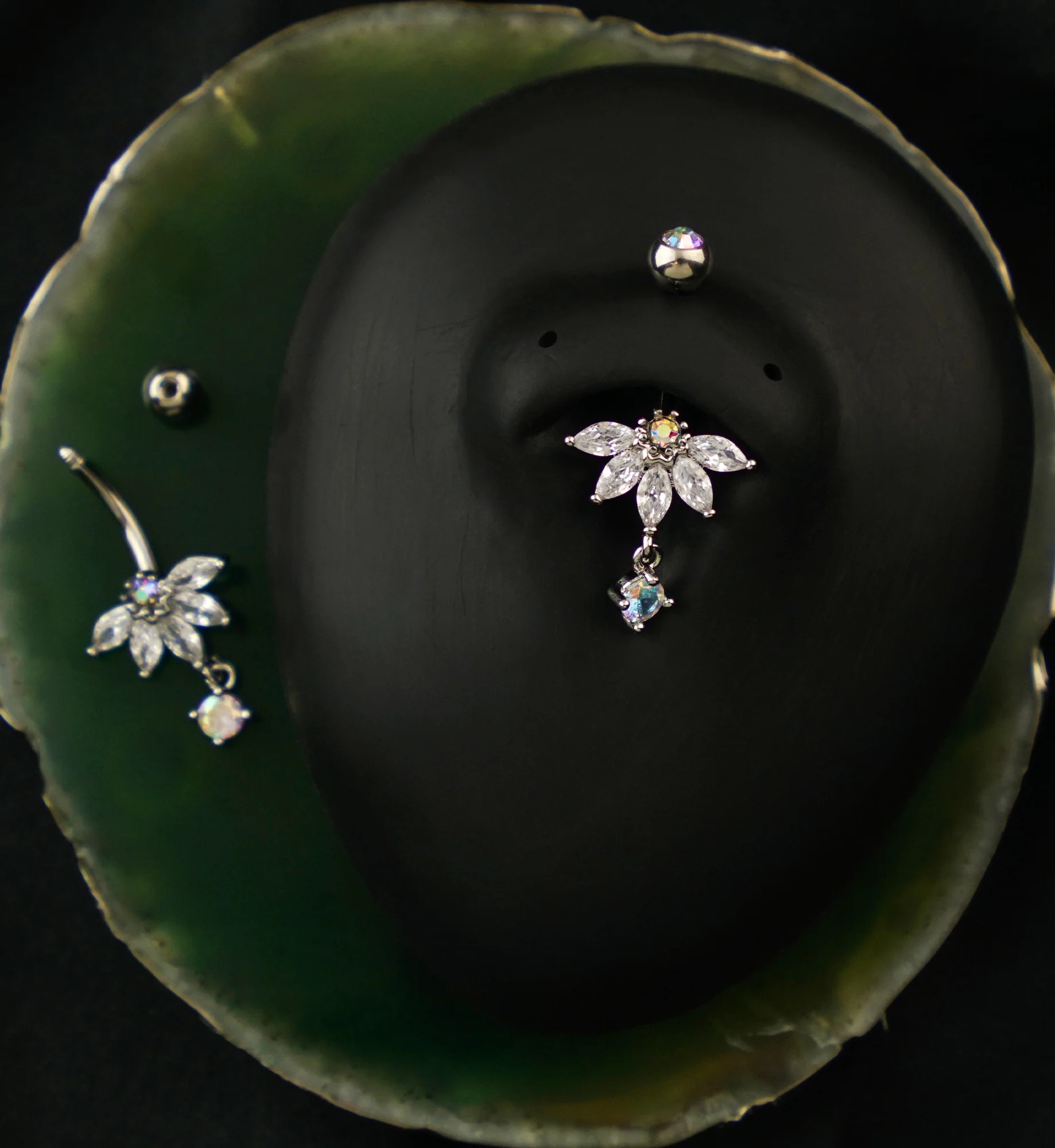 Half Flower Rainbow Aurora And Clear CZ Dangle Stainless Steel Belly Button Ring - Image 2