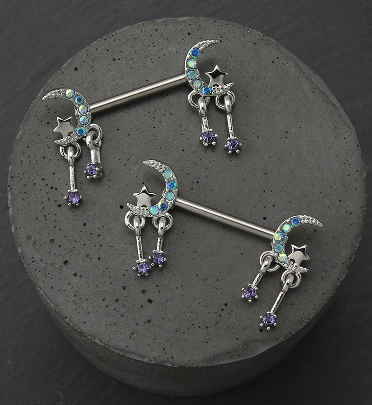 Half Moon Dangle Star Blue Aurora CZ Stainless Steel Nipple Barbell - Image 2