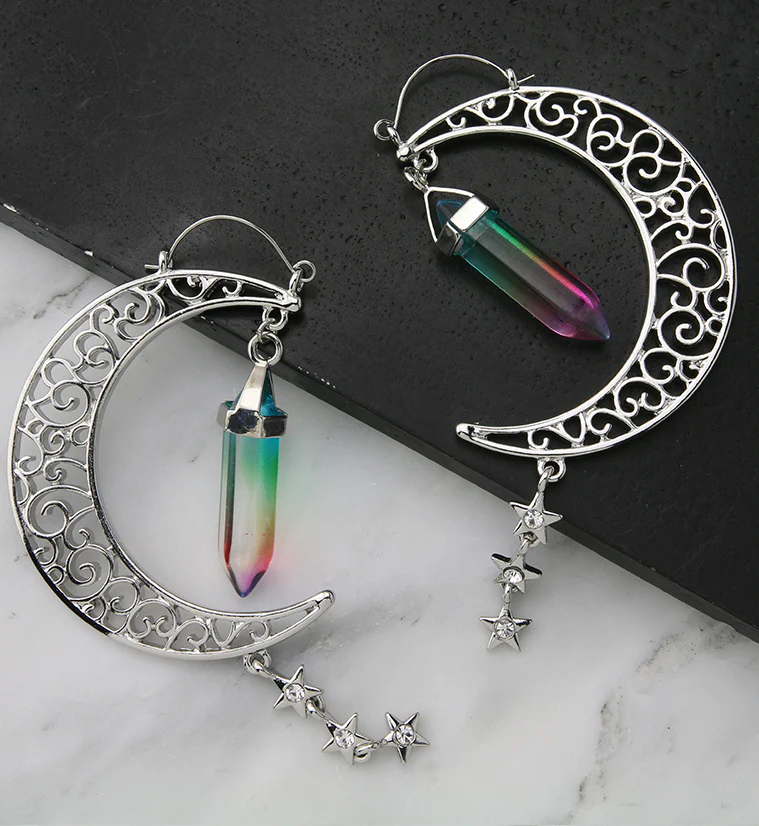 Half Moon Oil Slick Crystal Plug Hoops - Image 2