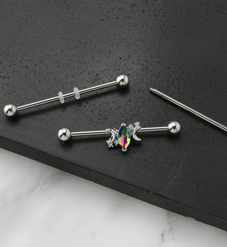 Half Moon Oval Black Aurora CZ Industrial Barbell - Image 2