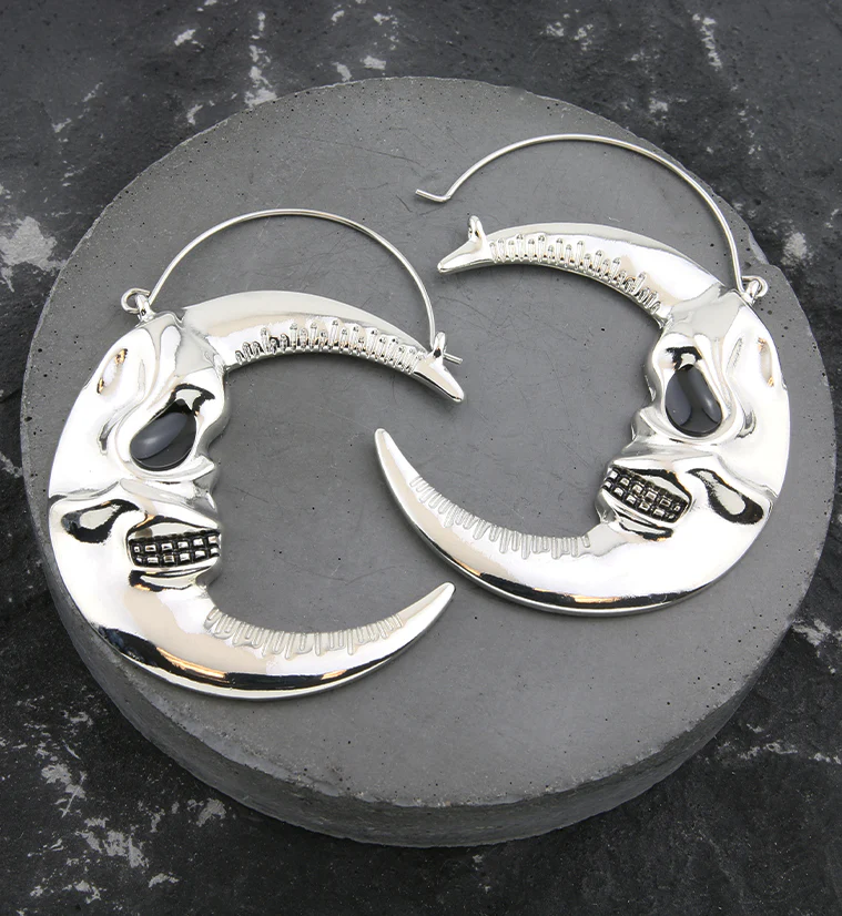 Crescent Moon Skull Stainless Steel Plug Hoops - Image 2