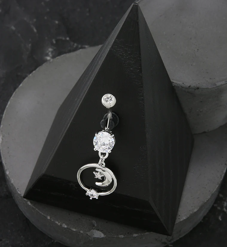 Halo Crescent Moon CZ Dangle Stainless Steel Belly Button Ring - Image 2