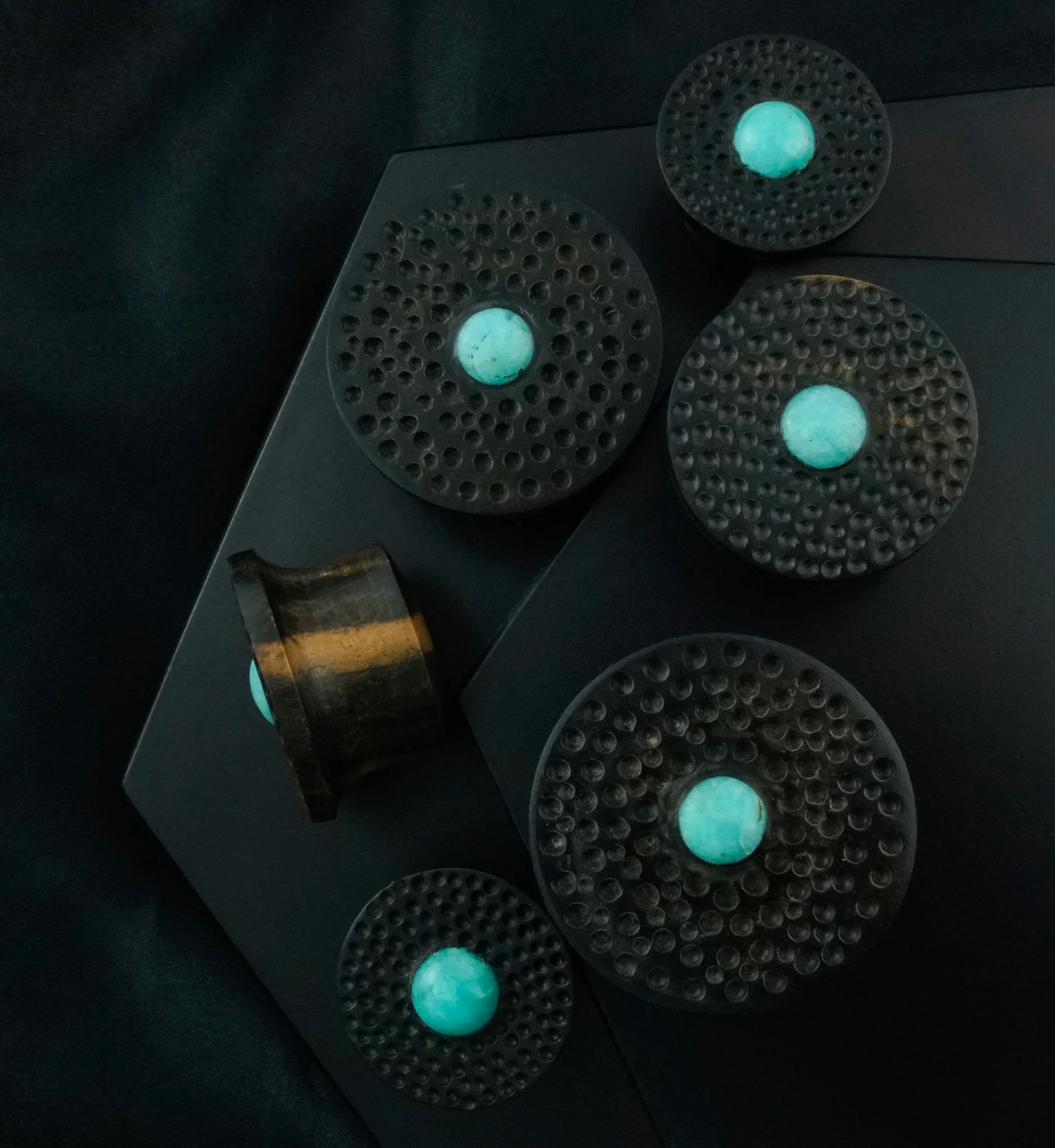 Hammered Amazonite Stone Areng Wood Mayan Flare Plugs - Image 2