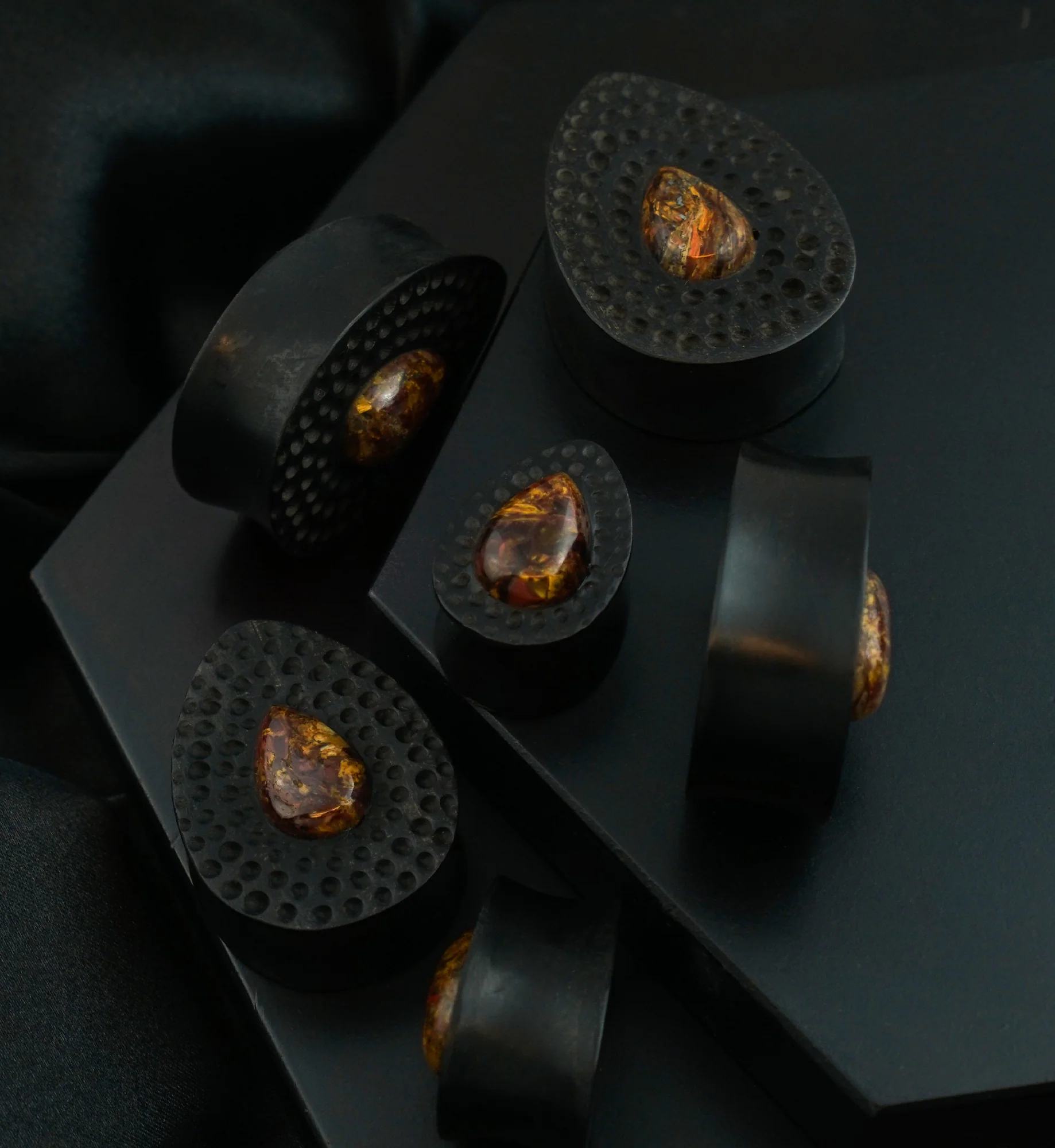 Hammered Areng Wood Teardrop Plugs with Teardrop Pietersite Stone Inlay - Image 2