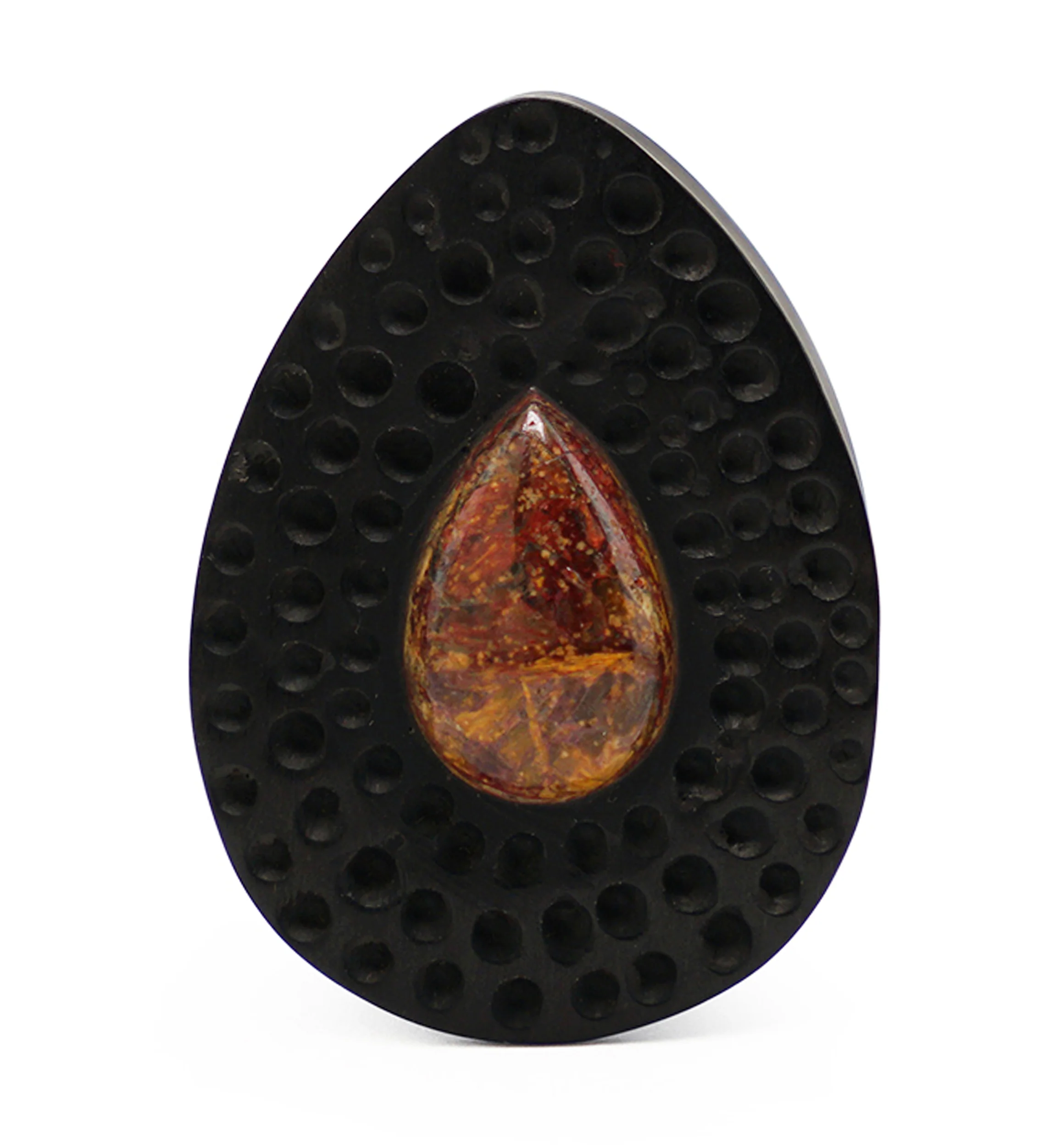 Hammered Areng Wood Teardrop Plugs with Teardrop Pietersite Stone Inlay - Image 3