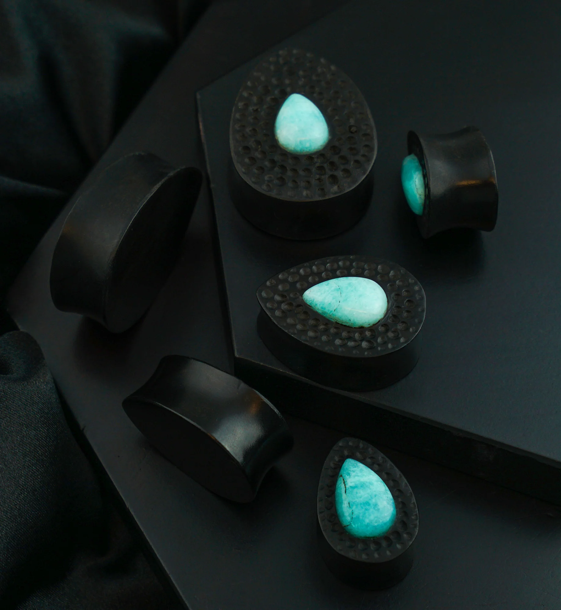 Hammered Areng Wood Teardrop Plugs with Teardrop Amazonite Stone Inlay - Image 2