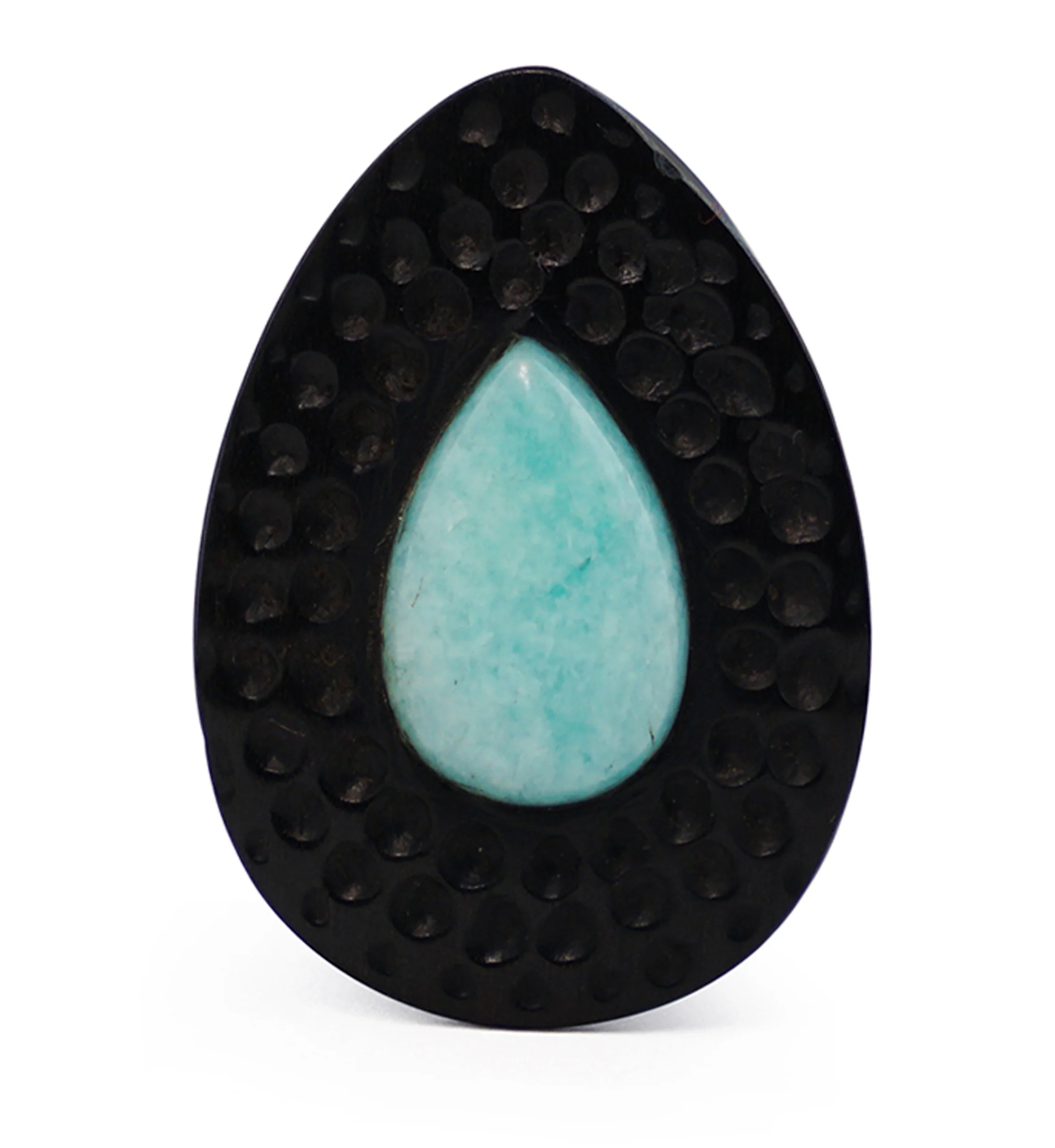 Hammered Areng Wood Teardrop Plugs with Teardrop Amazonite Stone Inlay - Image 4