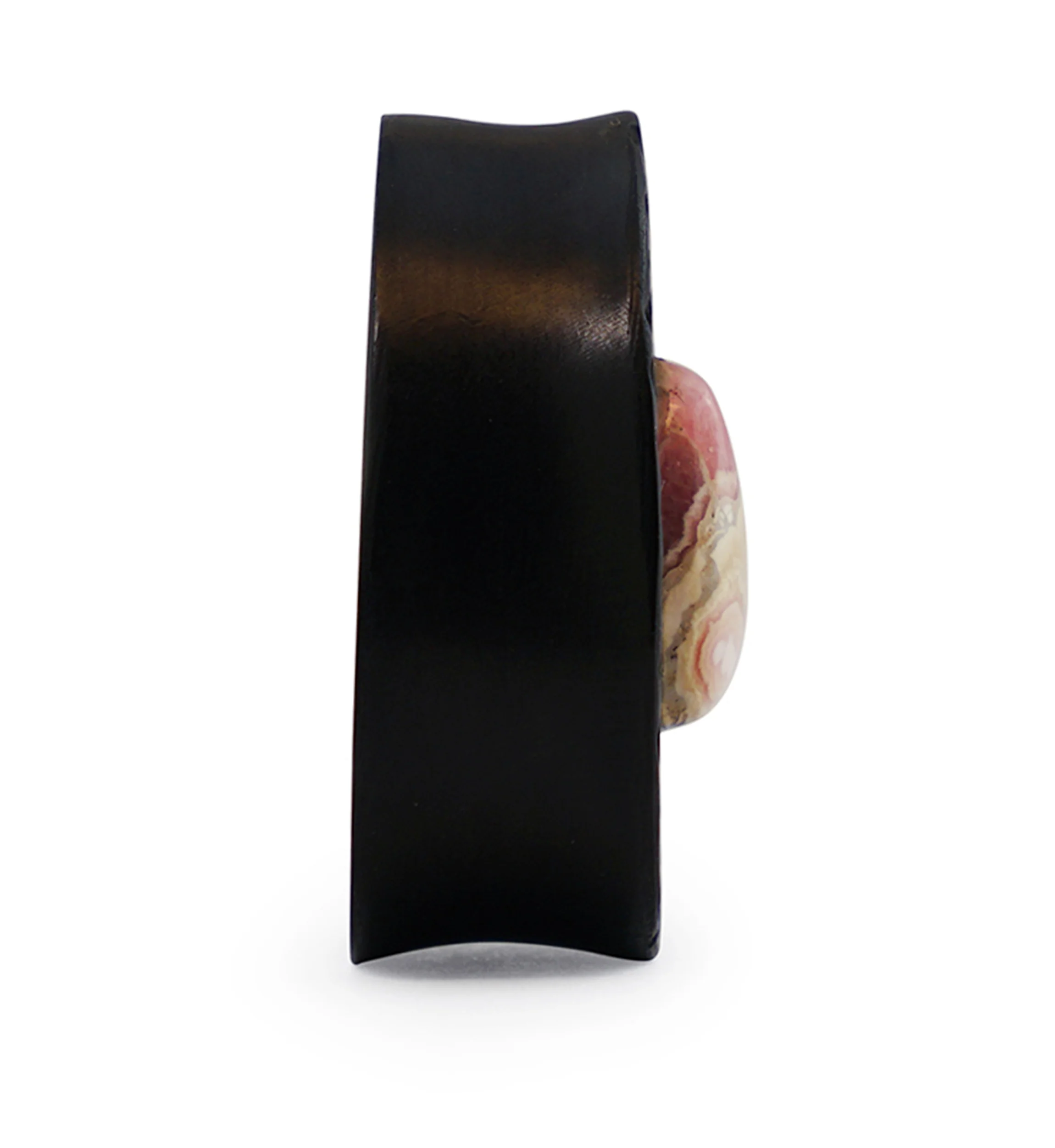 Hammered Areng Wood Teardrop Plugs with Teardrop Rhodochrosite Stone Inlay - Image 3