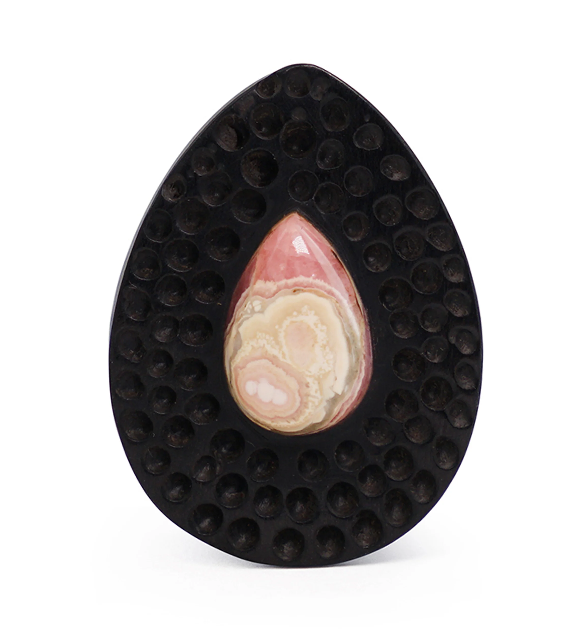 Hammered Areng Wood Teardrop Plugs with Teardrop Rhodochrosite Stone Inlay - Image 4