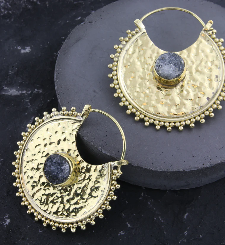 Hammered Beaded Druzy Amethyst Stone Inlay Brass Hangers - Image 2