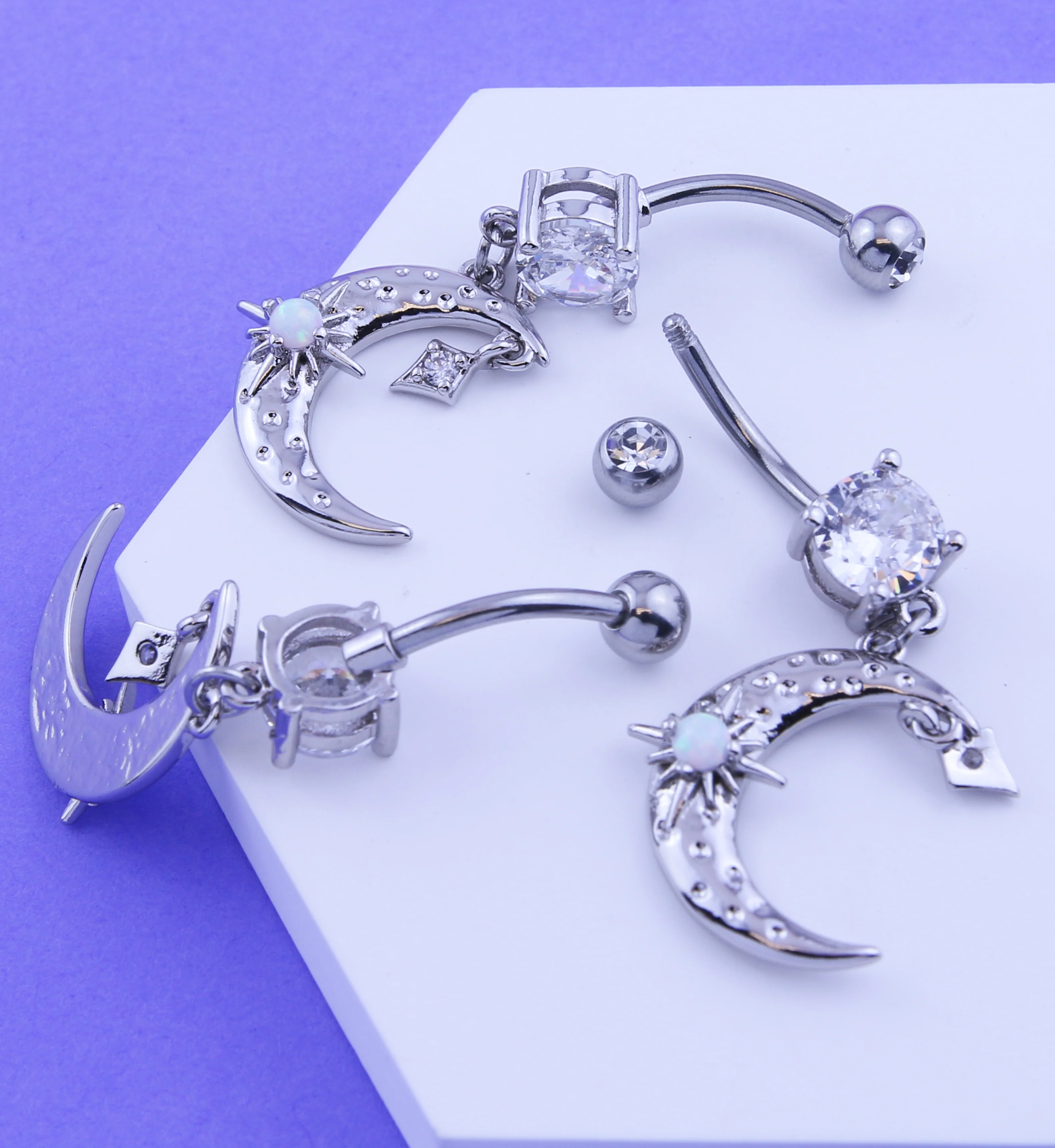 Hammered Crescent Moon White Opalite Star Dangle Stainless Steel Belly Button Ring - Image 2