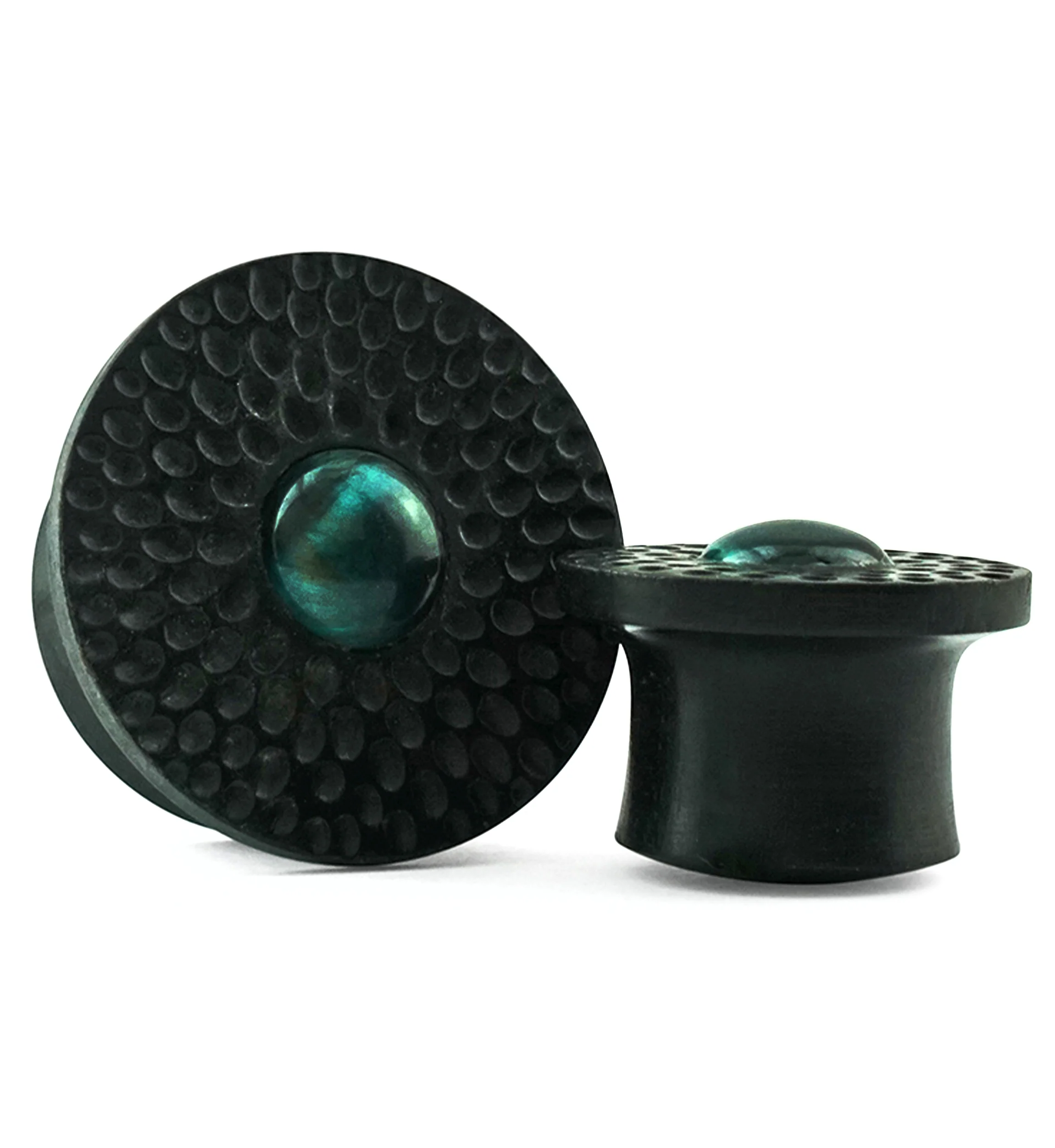 Hammered Green Tiger Eye Stone Areng Wood Mayan Flare Plugs