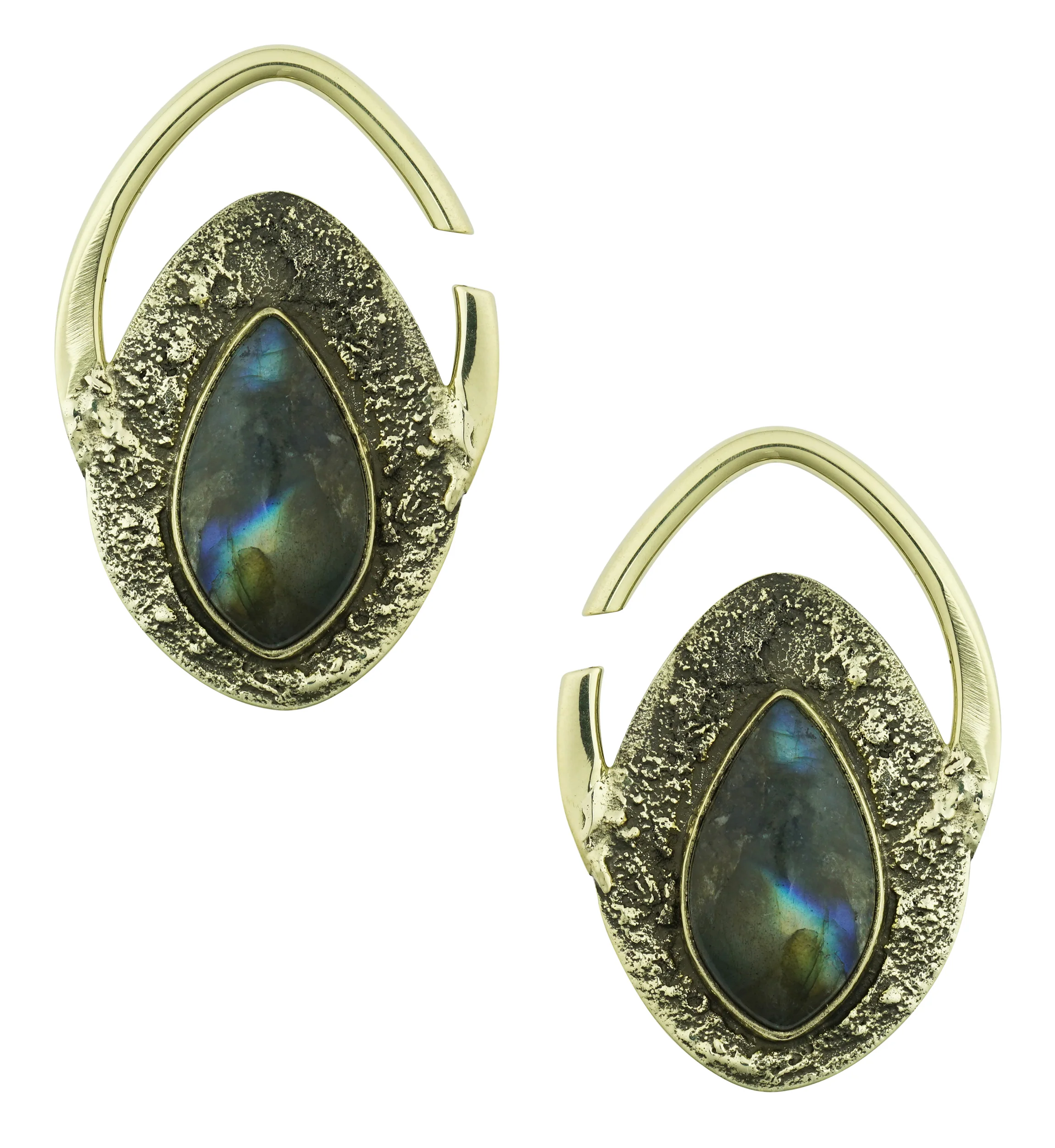 Hammered Teardrop Labradorite Stone Inlay Brass Ear Weights