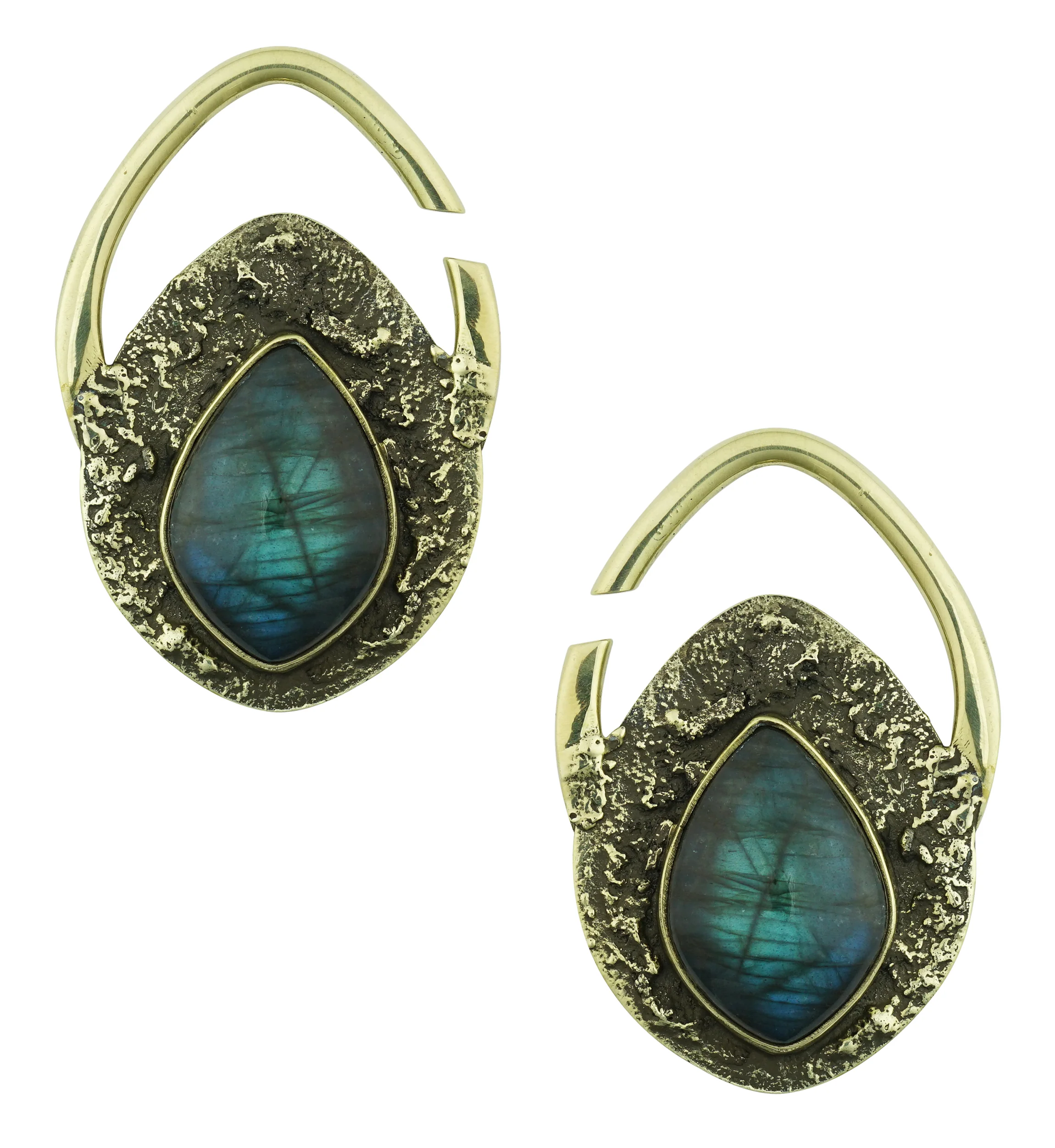 Hammered Teardrop Labradorite Stone Inlay Brass Ear Weights - Image 5