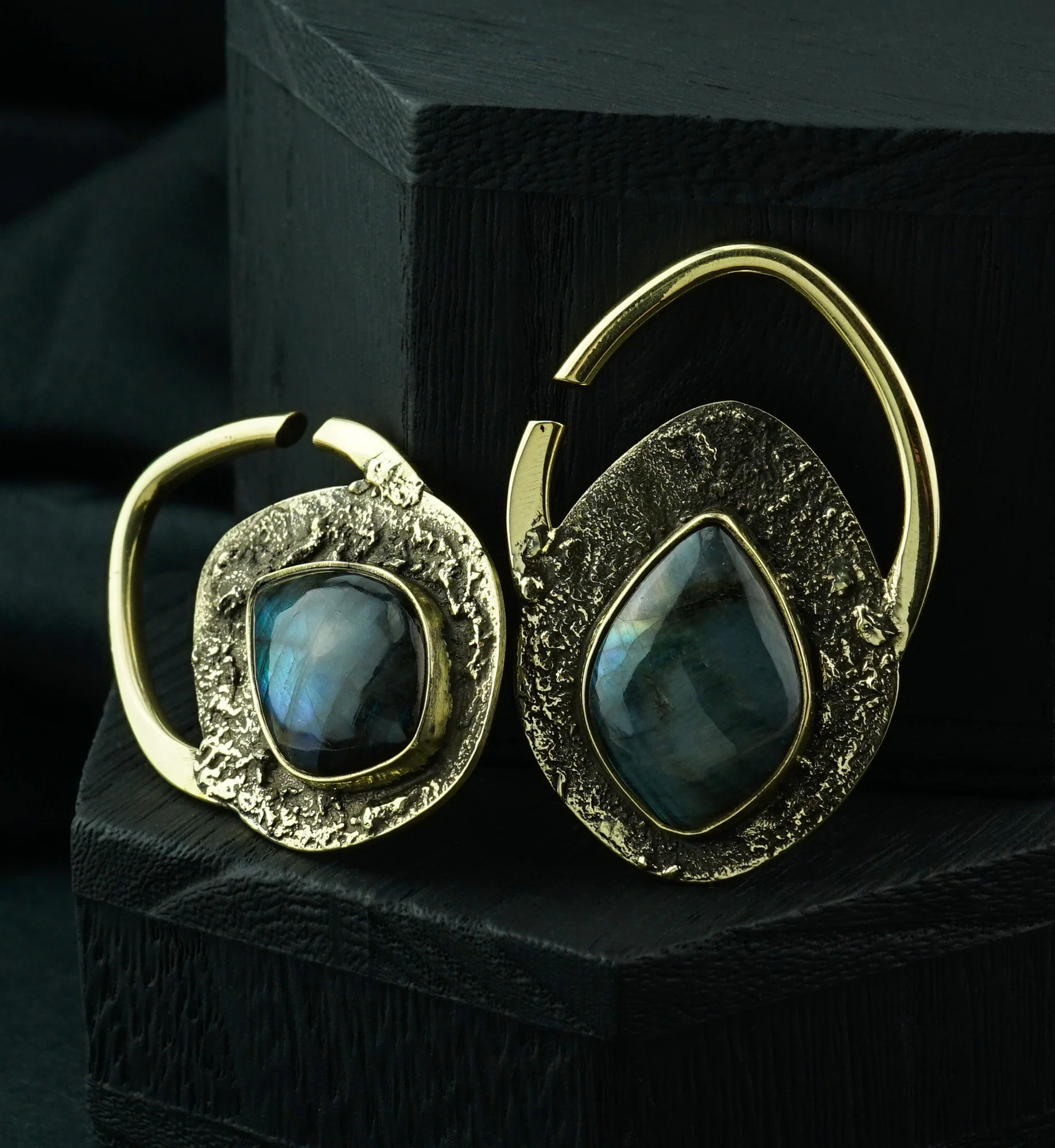 Hammered Teardrop Labradorite Stone Inlay Brass Ear Weights - Image 6