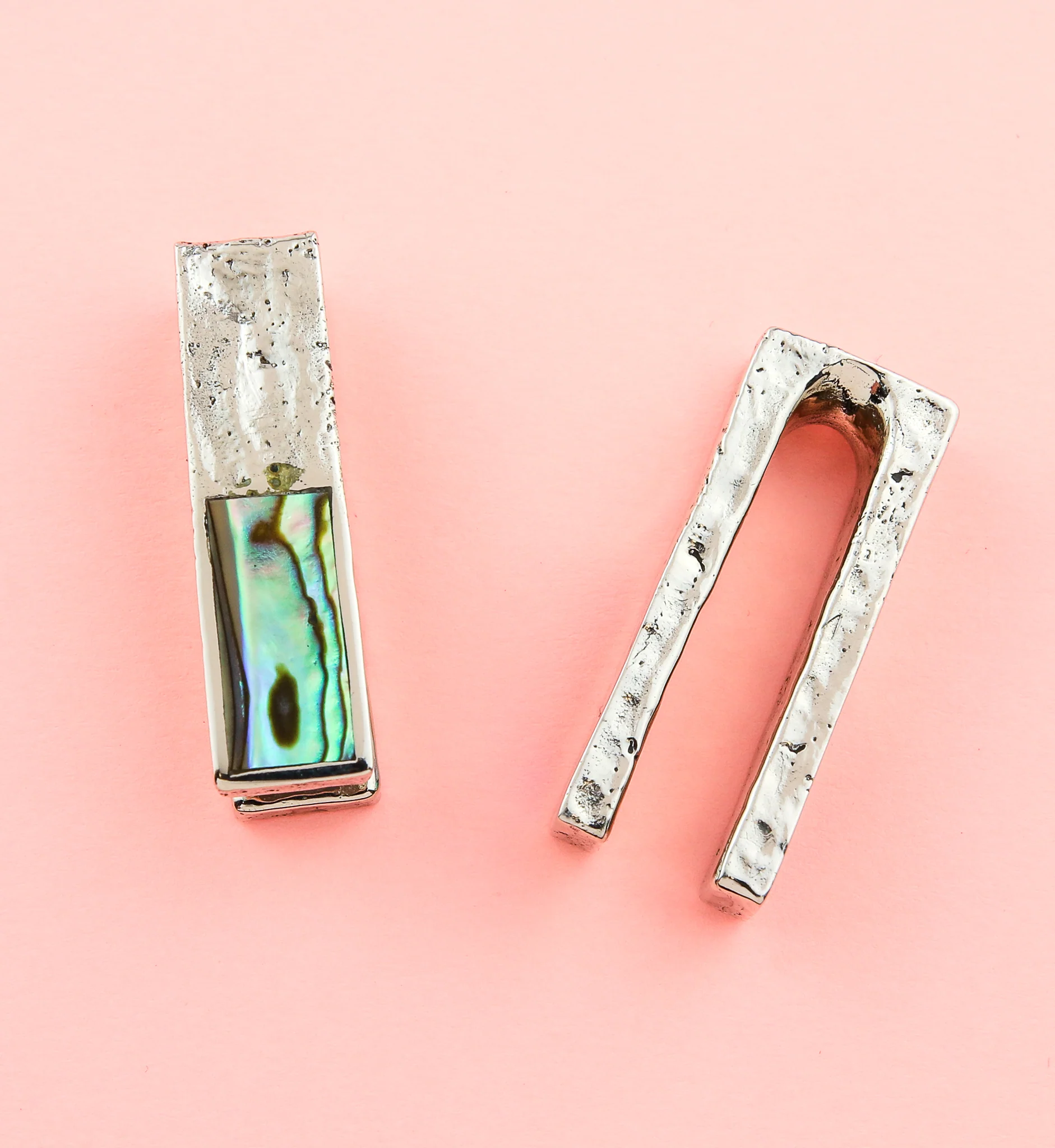 Hammered Tower Half Abalone White Brass Ear Weights - Image 2